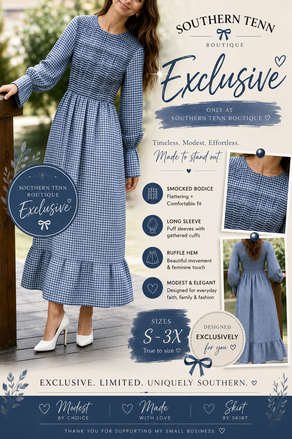Exclusive gingham dress Navy blue